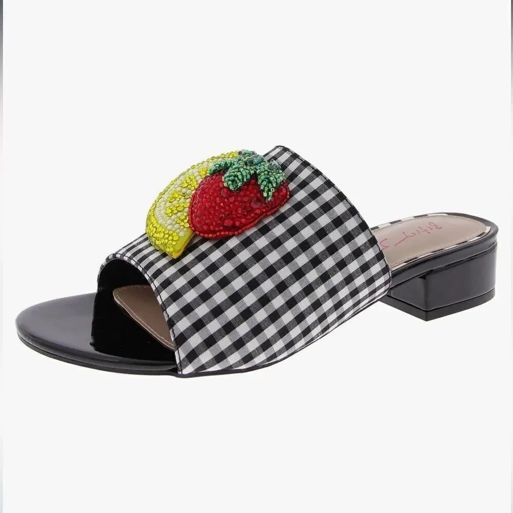 Betsey Johnson Black and White Gingham Sandals with Strawberry Appliqué